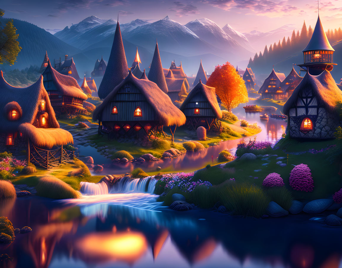 Fantasy village with thatched-roof cottages at twilight