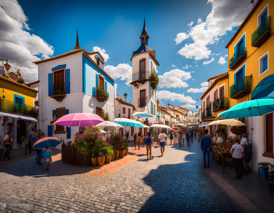 Colorful Cobblestone Street with Buildings, Umbrellas, and Pedestrians