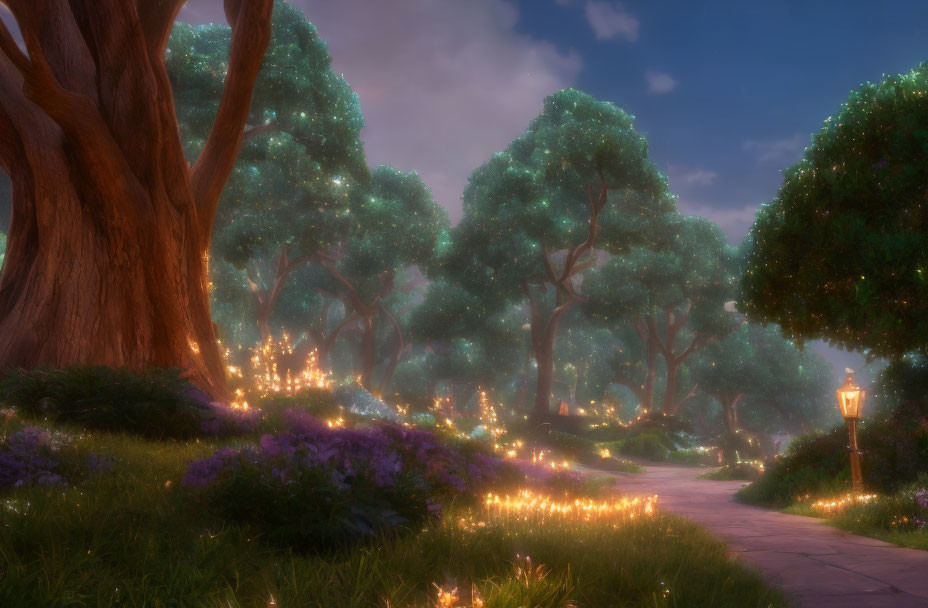 Enchanting forest scene with pathway, lamp post, fireflies, trees, and flowers