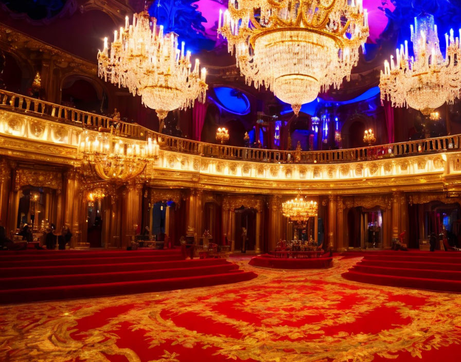 Luxurious Ballroom with Grand Chandeliers and Gold Detailing