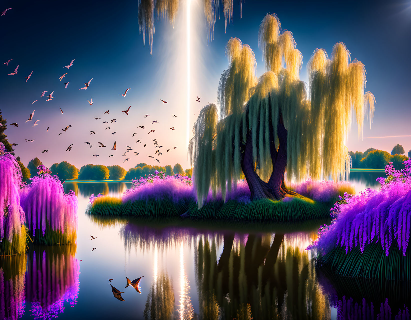 Tranquil lake with majestic willow tree and vibrant flowers under gleaming sunbeam