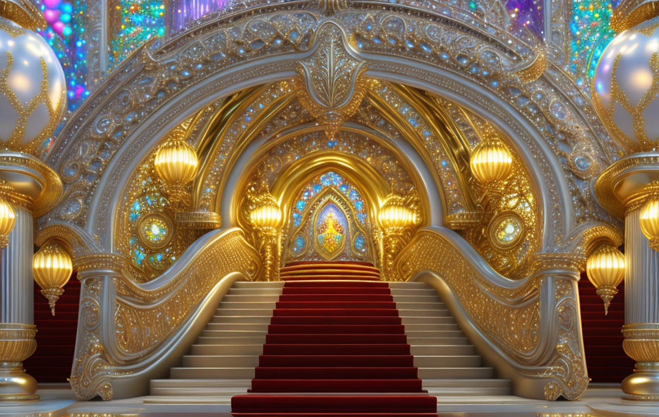 Luxurious Hall with Golden Arches and Grand Staircase