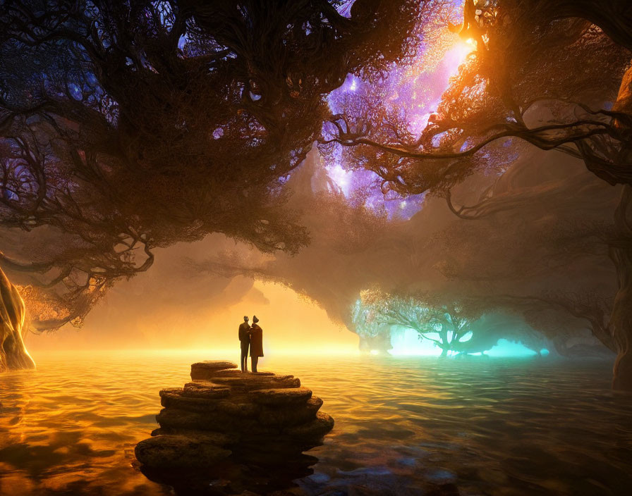 Couple standing on rock in mystical forest with glowing trees and star-filled sky