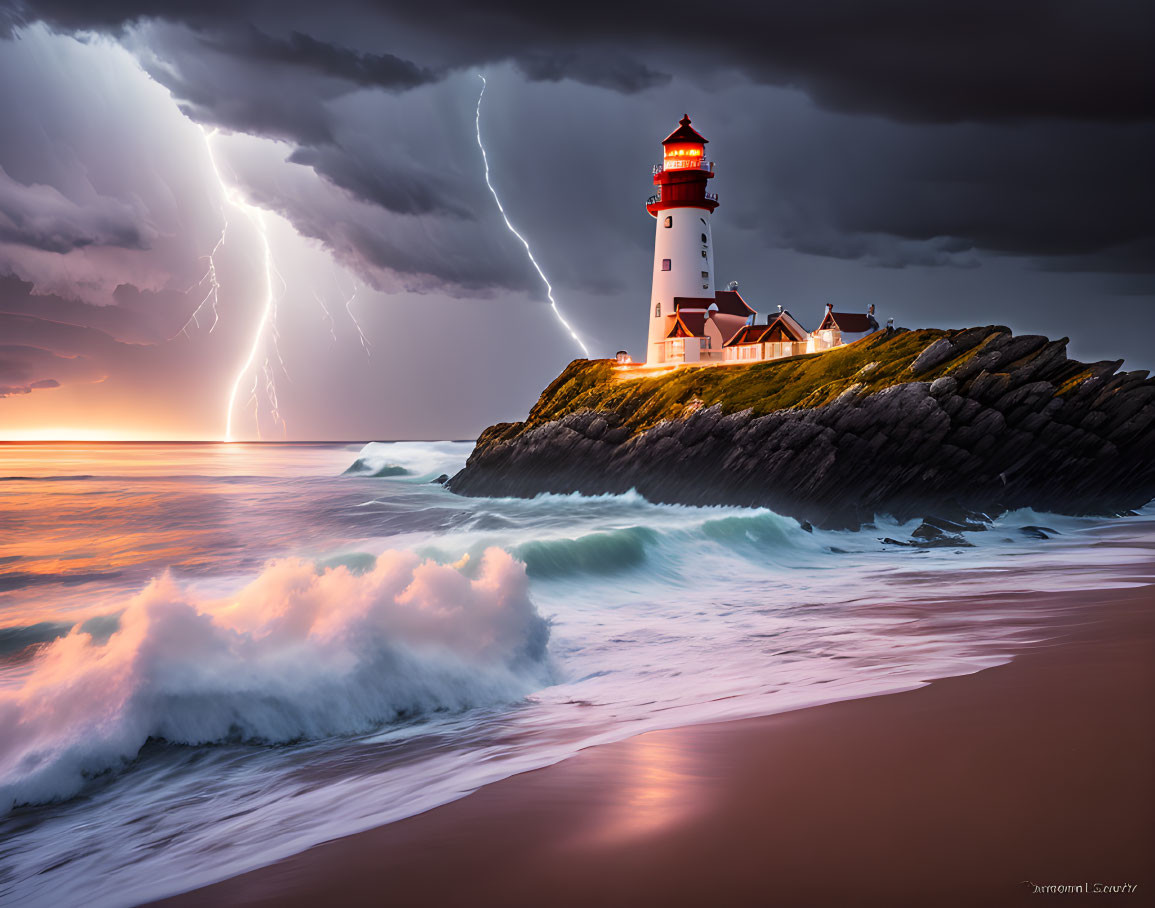 Stormy Coastal Lighthouse Scene with Lightning Strikes and Turbulent Waves