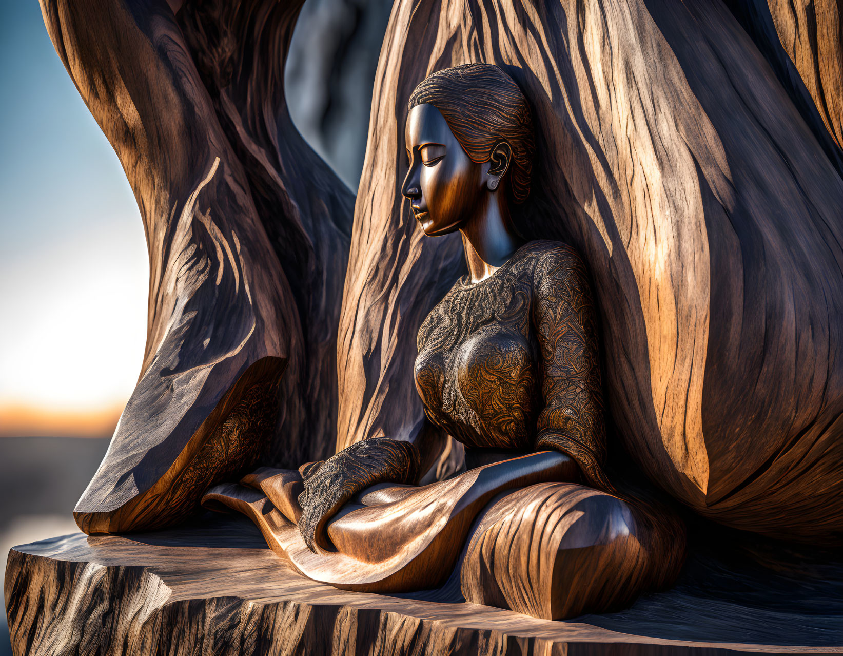 Bronze statue of woman in intricate textures, surrounded by wood