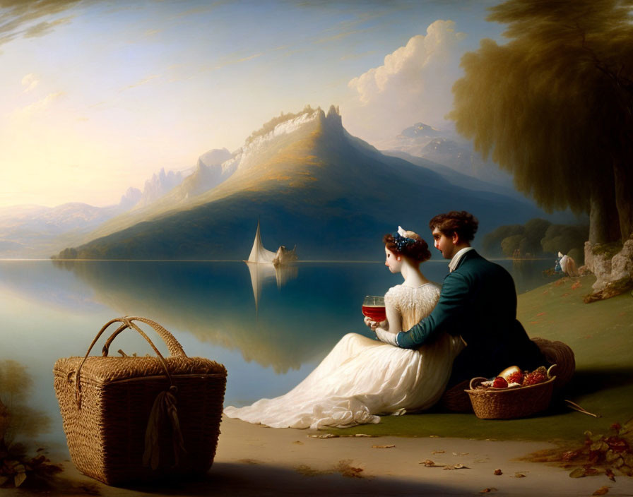 Scenic painting of couple by lake with mountains, boat, and picnic basket