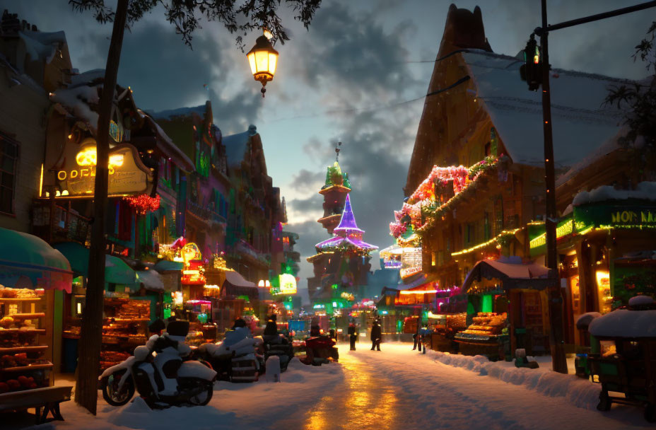 Snow-covered street adorned with Christmas lights and decorations at twilight