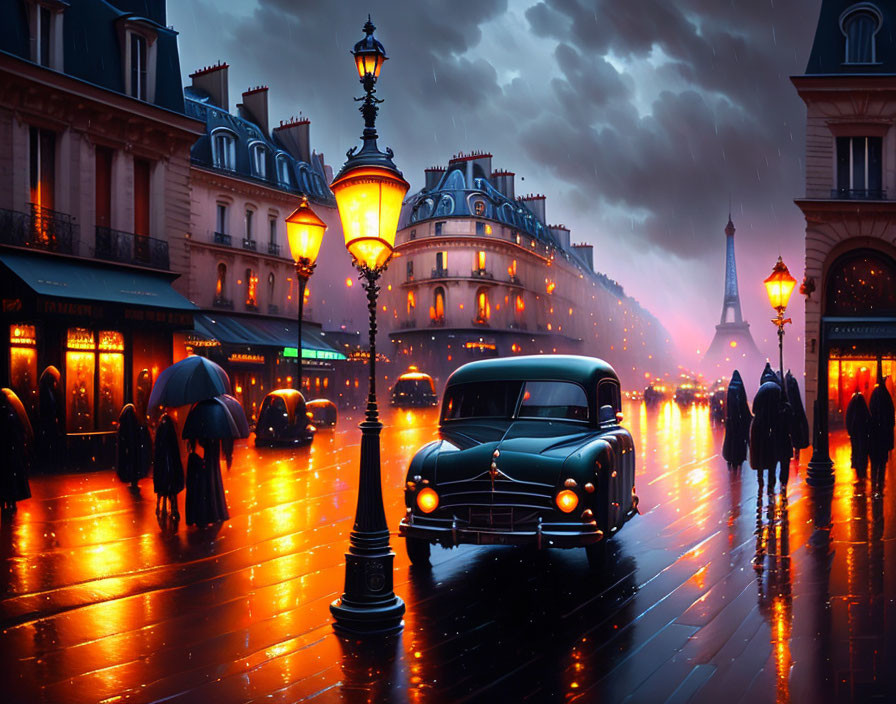 Vintage car on wet Paris street at dusk with street lamps and people holding umbrellas