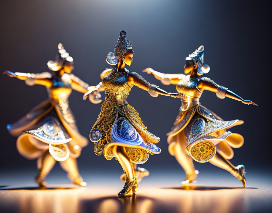 Ornate Metallic Dancer Figurines in Dynamic Poses
