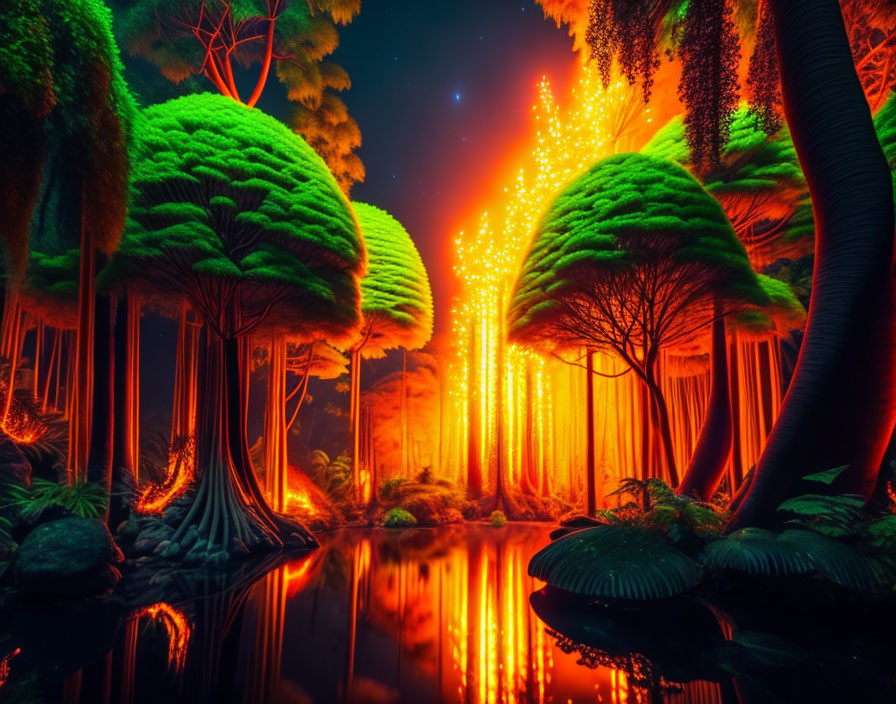 Enchanting night forest with glowing trees and water reflection