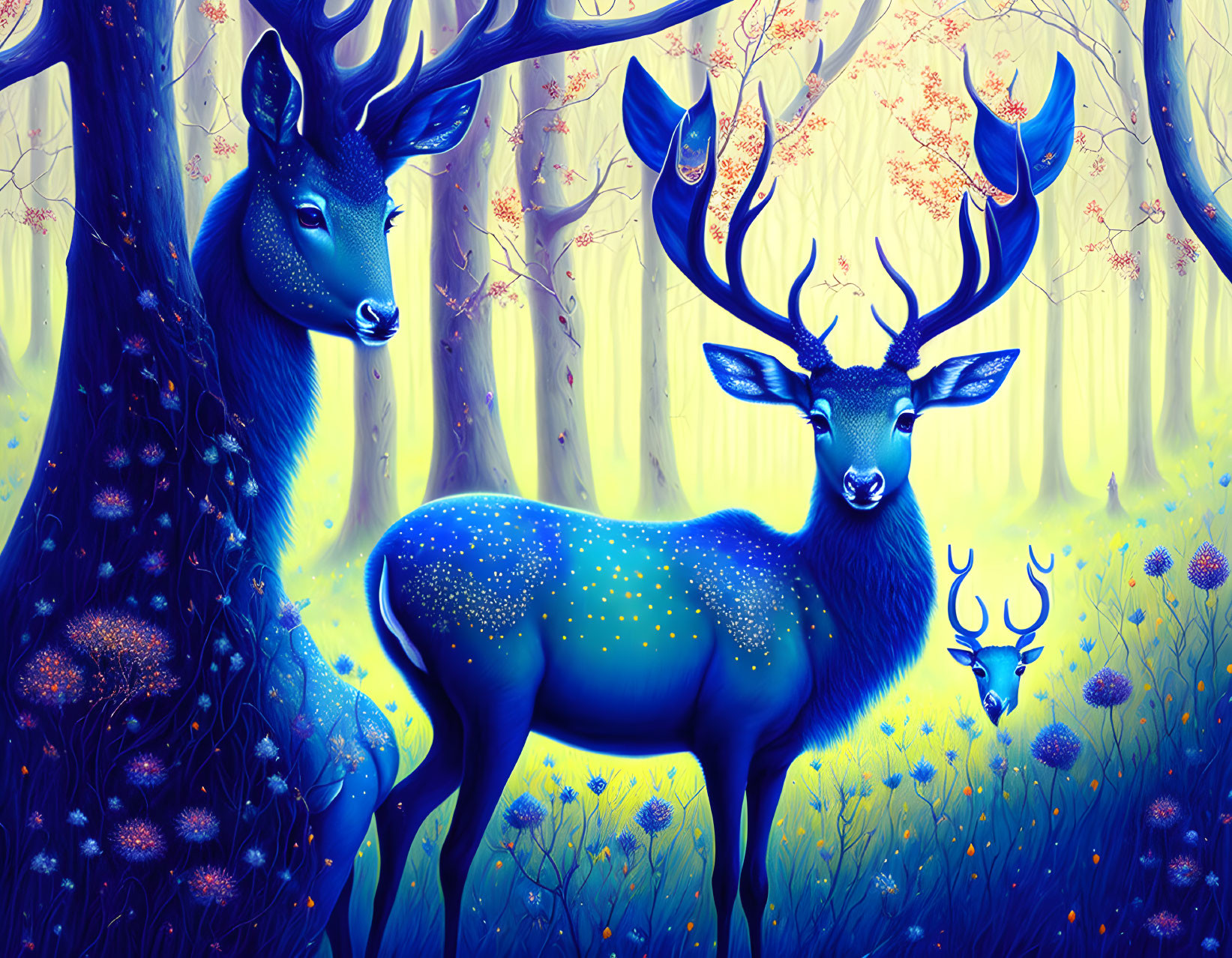 Stylized glowing blue deer in mystical forest with purple trees