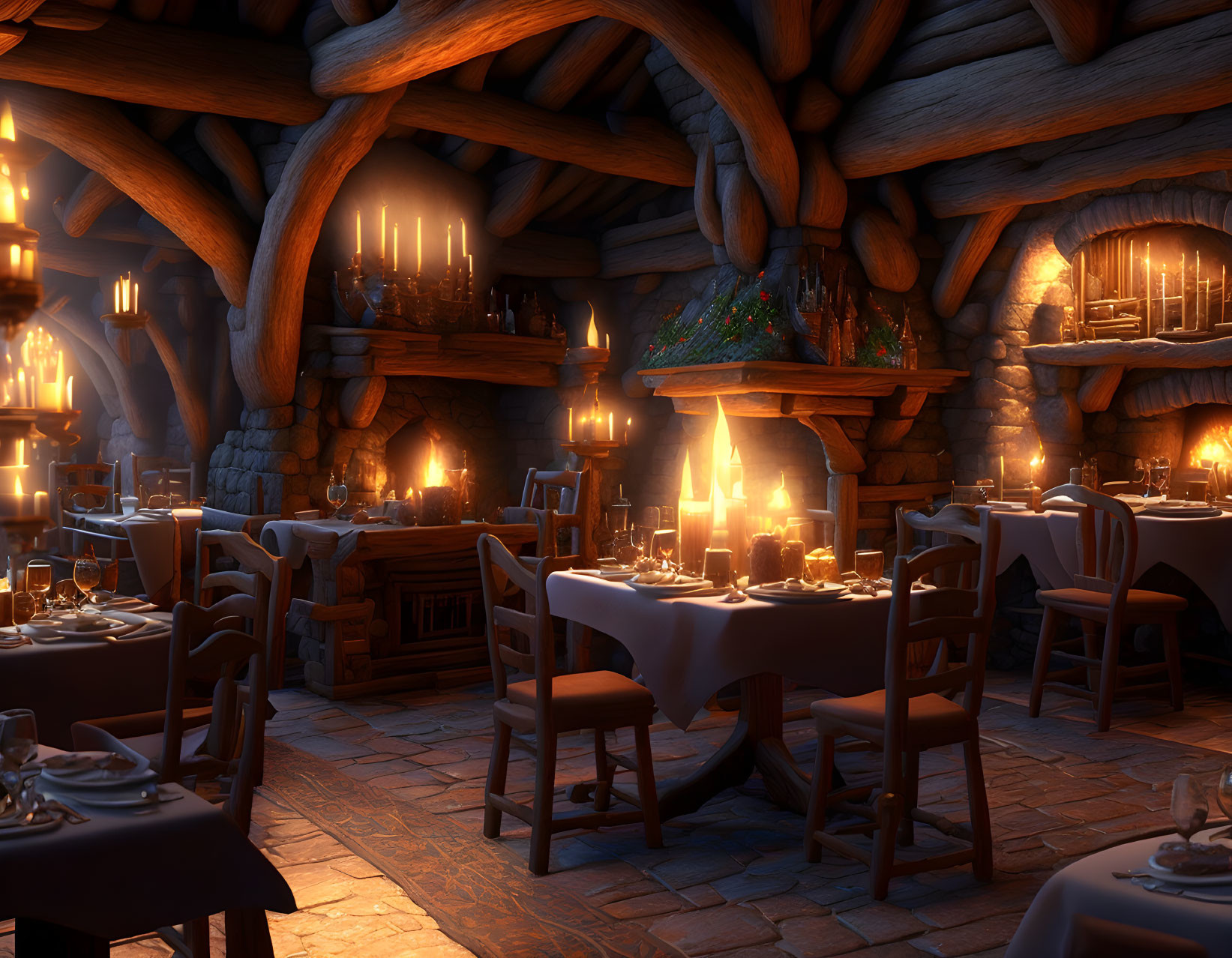 Medieval tavern interior with warm candlelight and fireplace ambiance