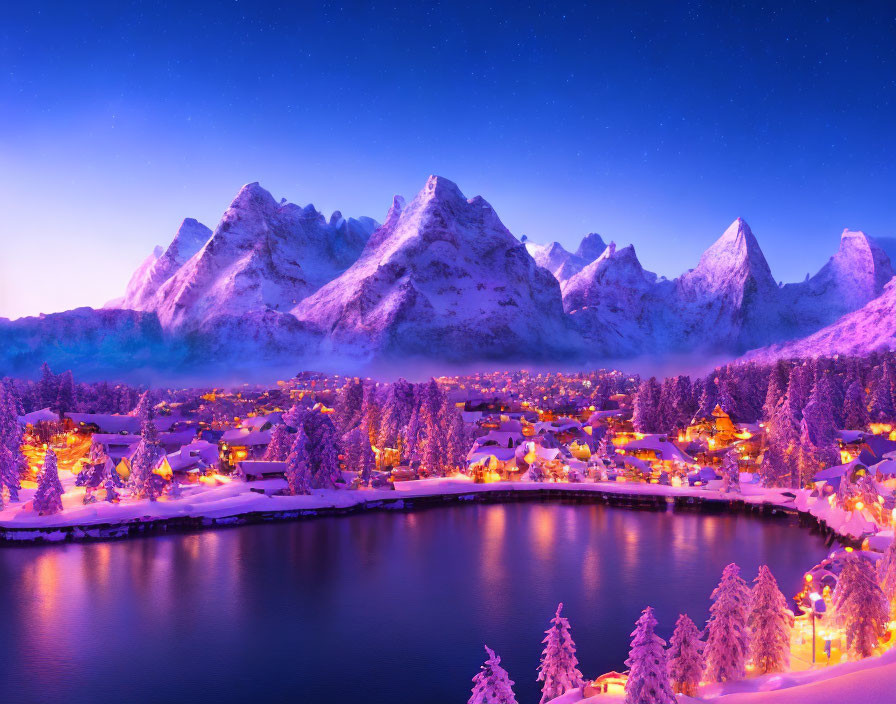 Snow-covered mountains and lakeside village at night with starlit sky and water reflections