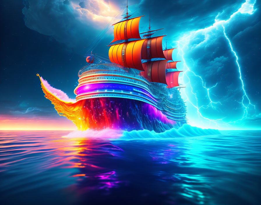 Digital art: Sailing ship with red sails on illuminated wave under dramatic sky