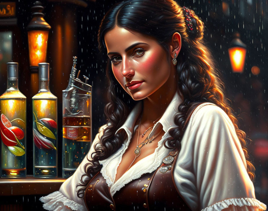Woman with braided hair in white blouse in warmly lit bar with rain outside and liquor bottles.