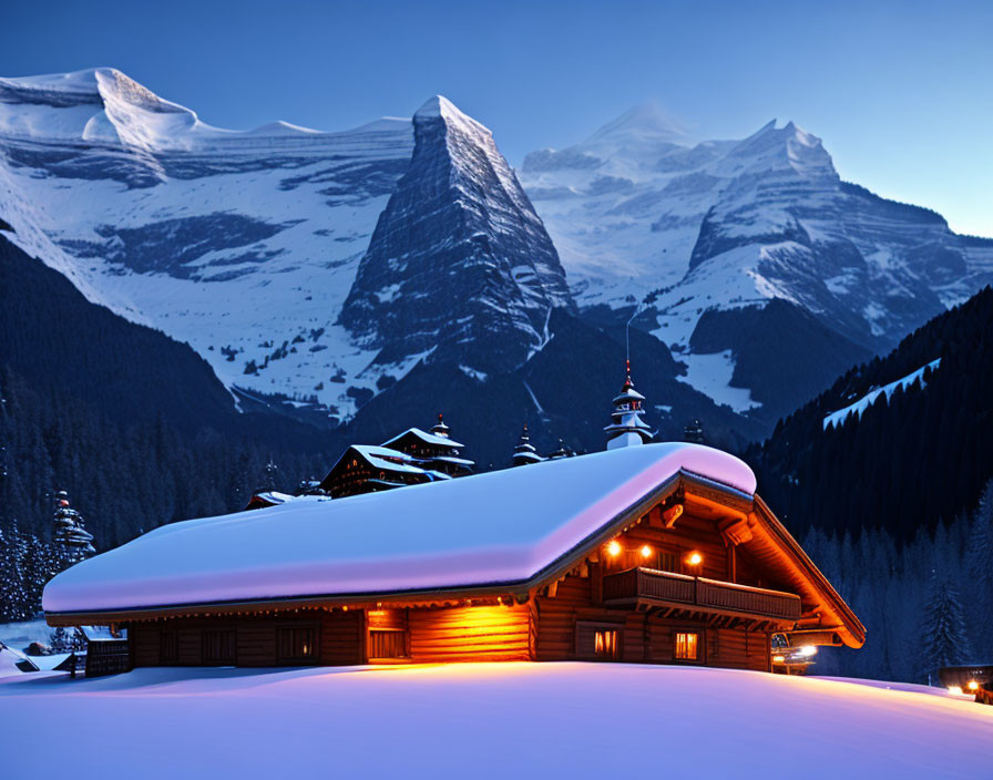 Snow-covered chalet with lit windows in serene mountainous twilight.