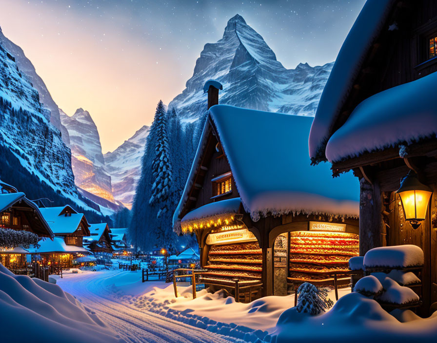 Snow-covered chalets at dusk with glowing windows against snow-capped mountains