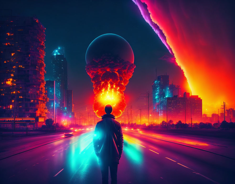 Cityscape night explosion: person watching massive mushroom cloud and red sky