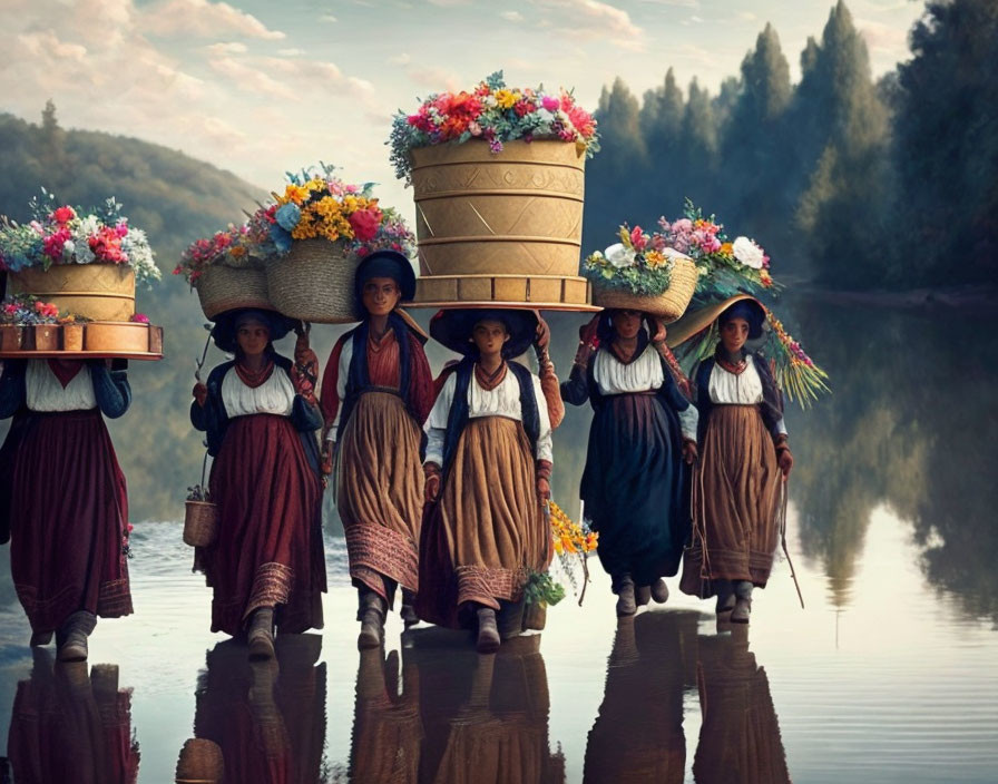 Traditional dress-clad women carry flower baskets near serene water and trees