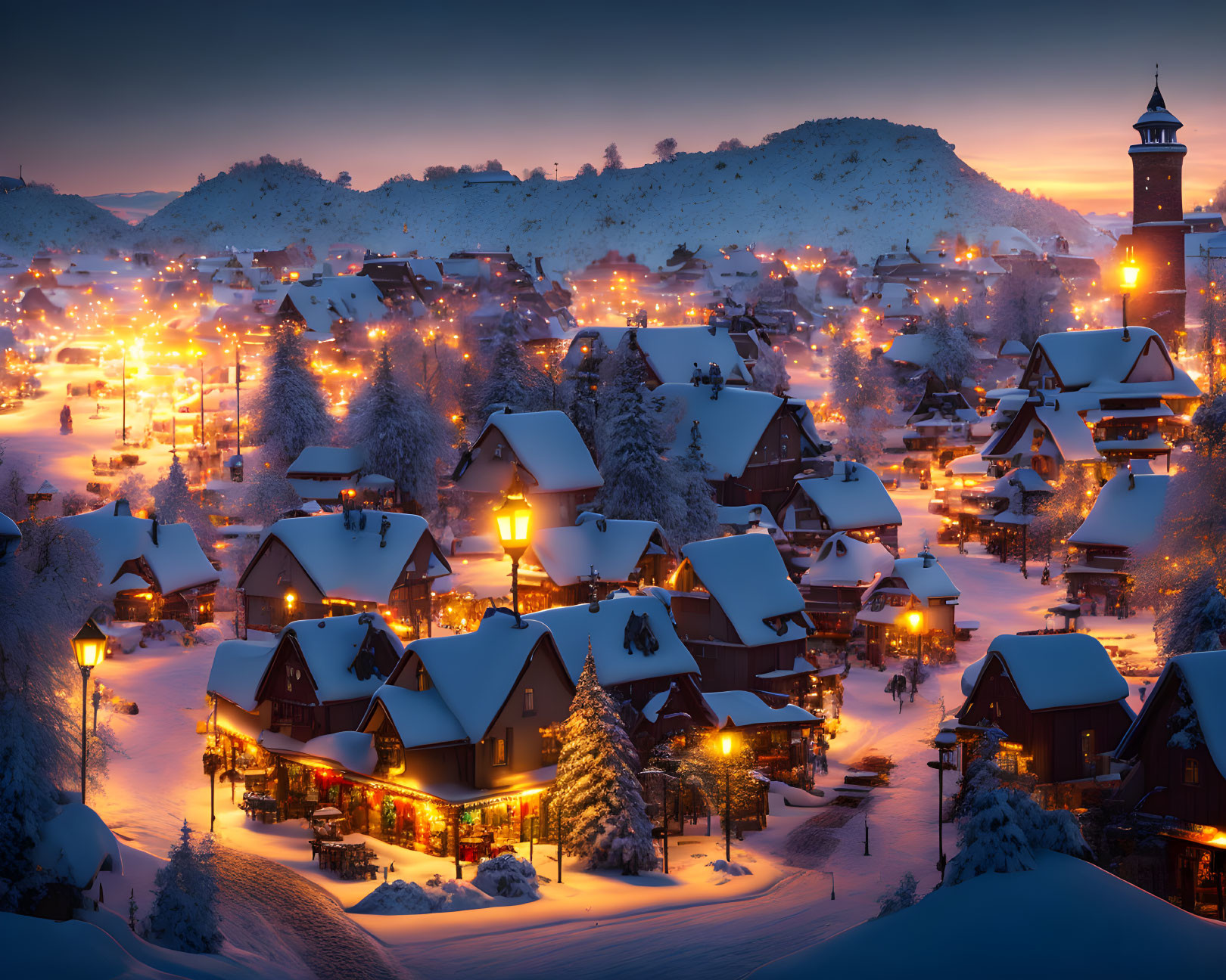 Snow-covered village at twilight with illuminated houses and streets, hilly landscape, clear sky