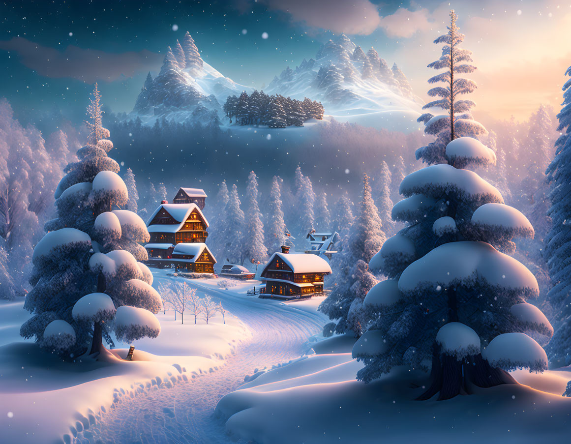 Snow-covered trees and mountains at dusk with cozy illuminated chalets in a forest clearing