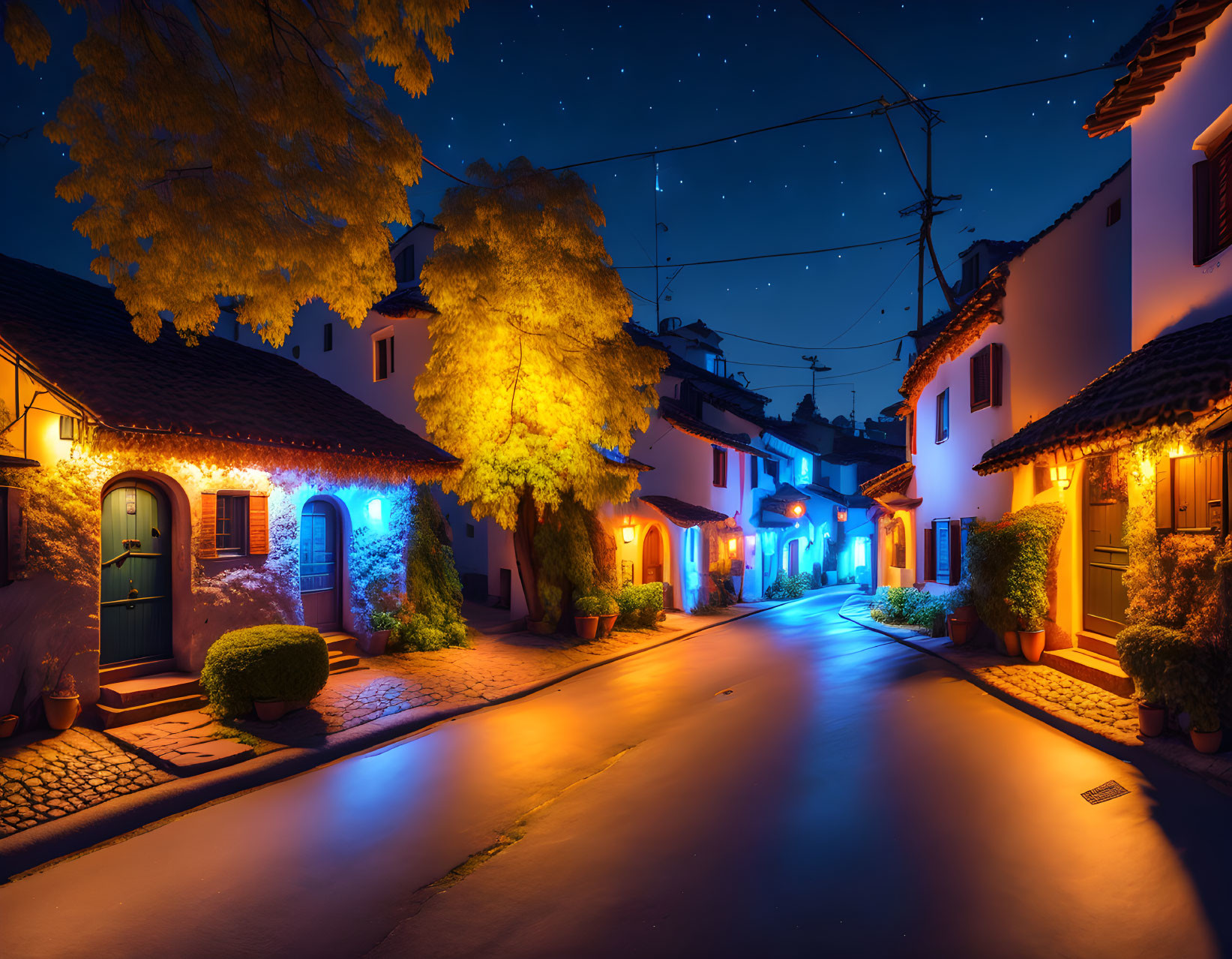 Scenic cobblestone street at night with warm street lamps and colorful house lights