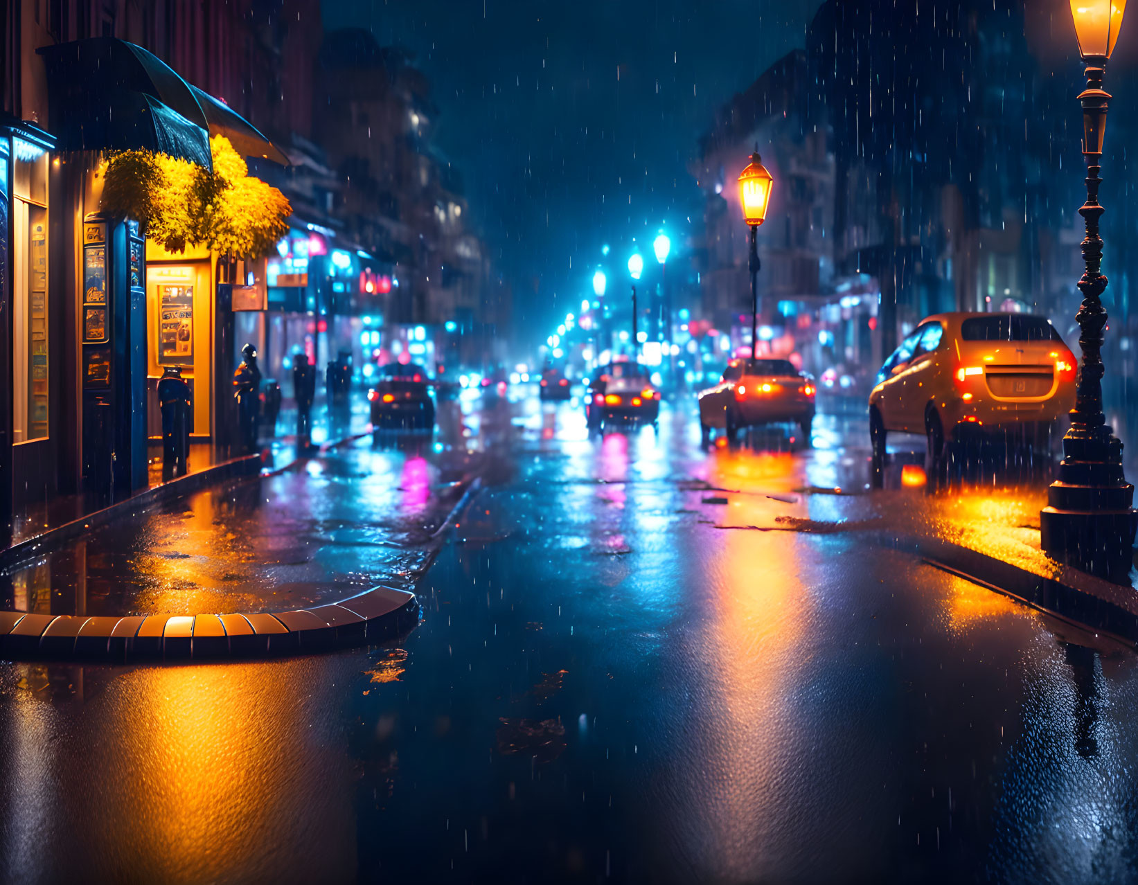 City street at night with glowing streetlights and wet asphalt