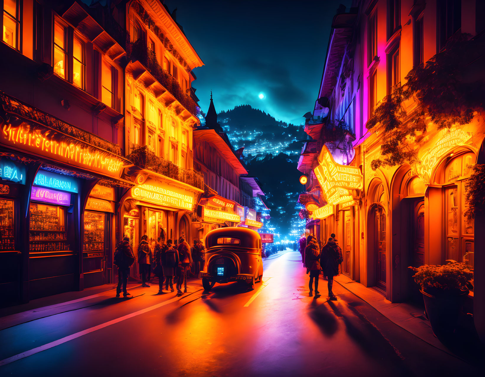 Vibrant street scene at dusk with neon signs, old car, and silhouettes against mountain