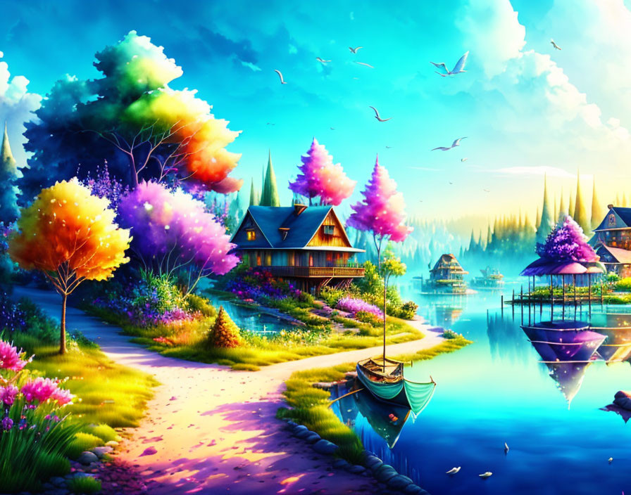 Colorful Fantasy Landscape with Trees, Lake, Cottages, Boat, and Birds