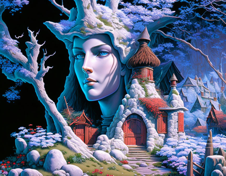 Illustration of female face merging with tree overlooking whimsical village and floral landscape