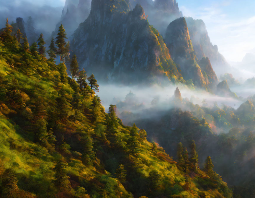 Lush Greenery in Misty Mountains at Sunrise