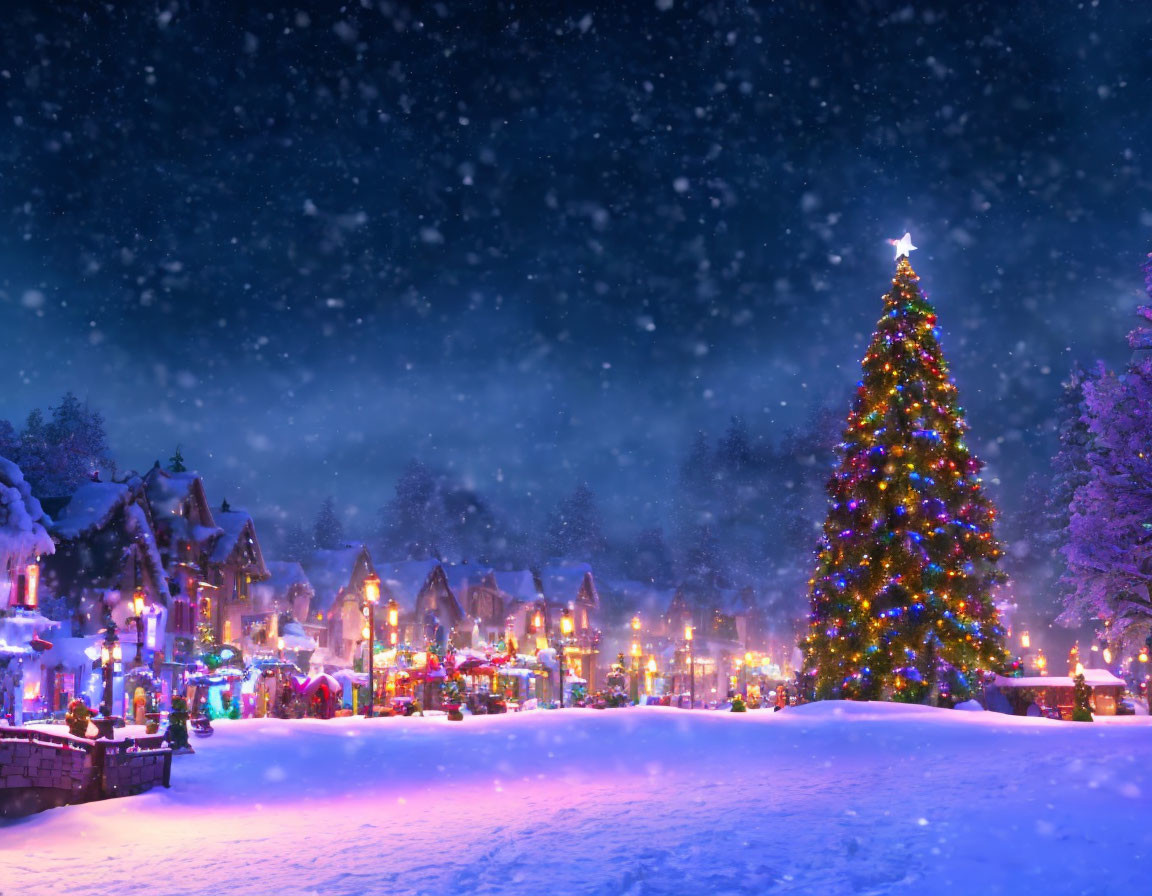 Vibrant Christmas tree in snowy village at dusk with festive lights