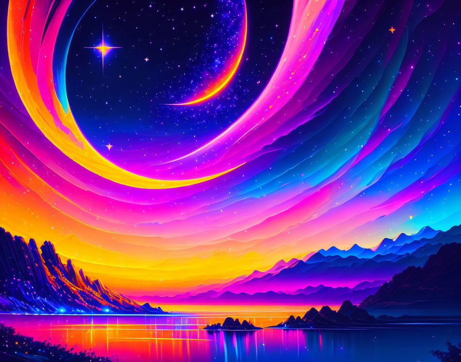 Surreal neon-lit landscape with cosmic skies and colorful mountains