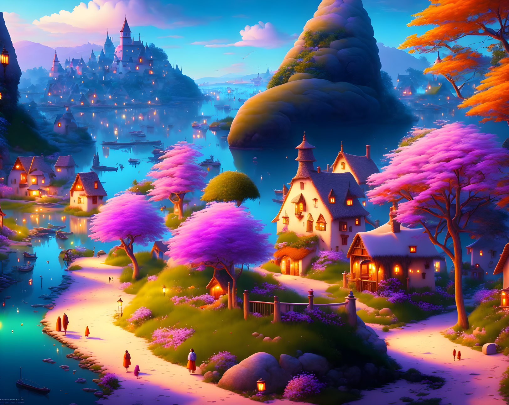 Fantasy village with pink blooming trees, quaint houses, and castle by serene river