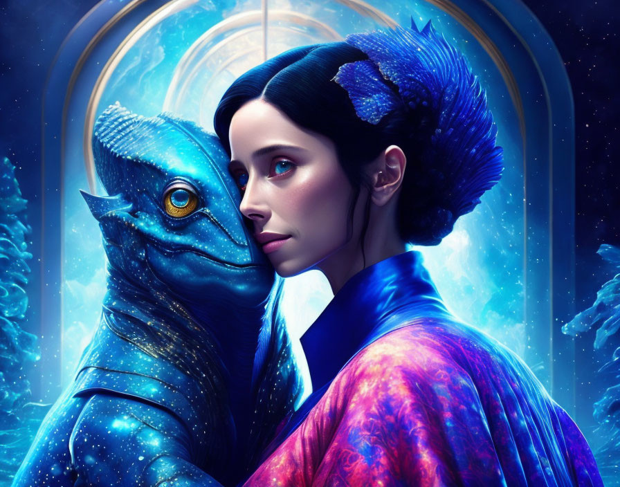 Surreal portrait of woman with blue, scaly creature in cosmic setting