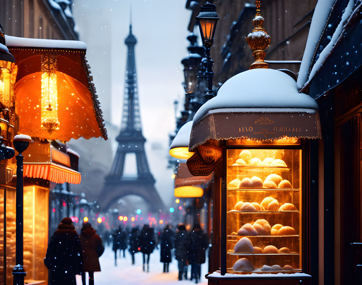 Snow-covered Parisian street with glowing lamps, bakery, Eiffel Tower