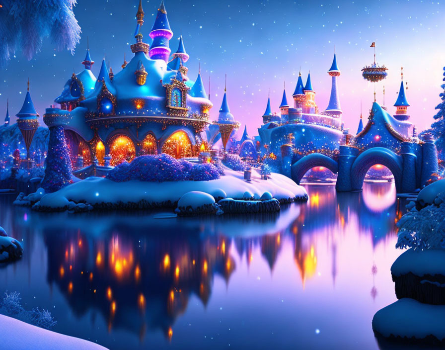 Enchanting winter castle by river with illuminated windows