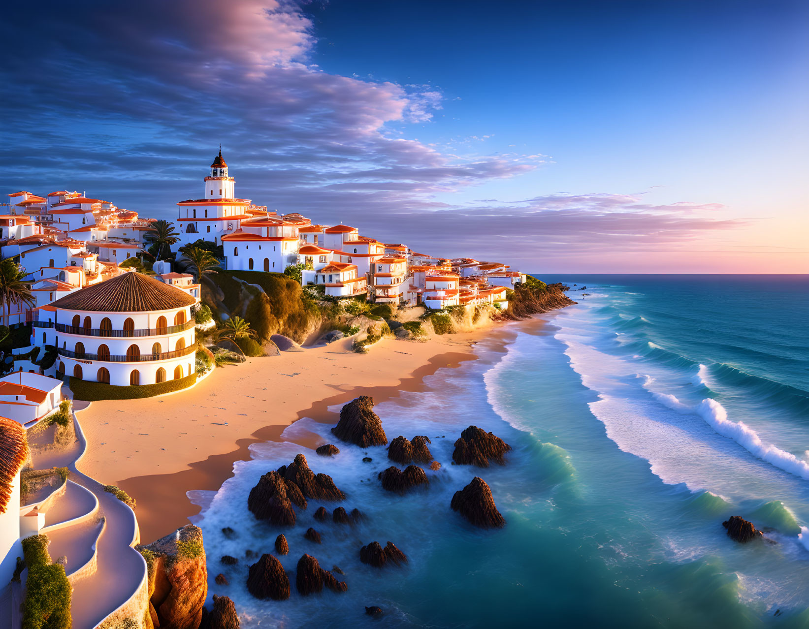 Scenic coastal village: white buildings, church, golden sands, gentle waves