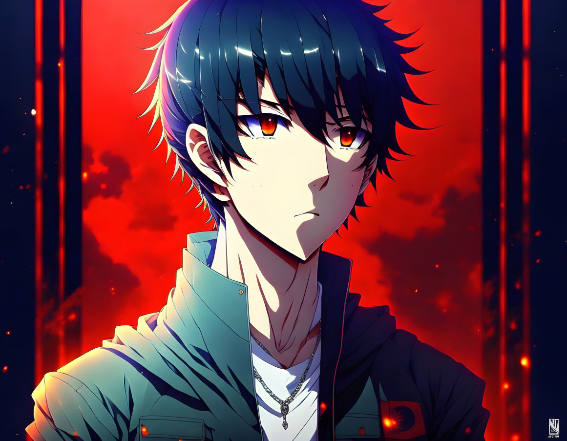 Dark-haired male character with red eyes in jacket on red and black background with embers.