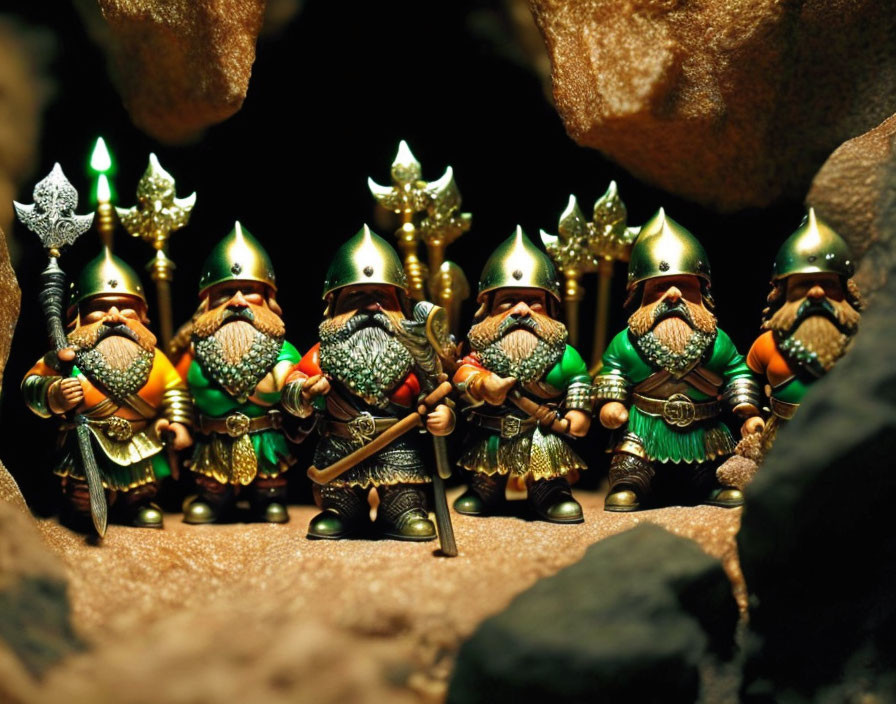 Miniature Dwarven Warrior Figures in Armor on Rocky Terrain