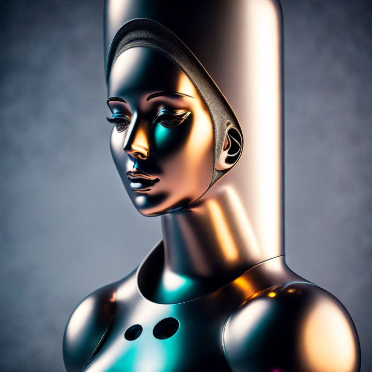 Reflective metallic mannequin with female features in dramatic lighting