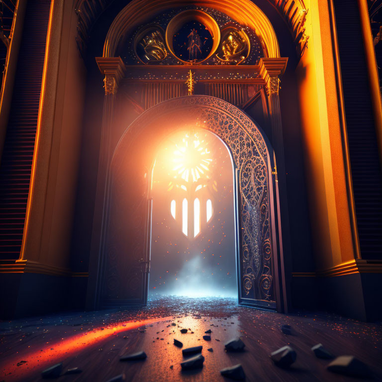 Ornate doorway with mystical light and dark columns