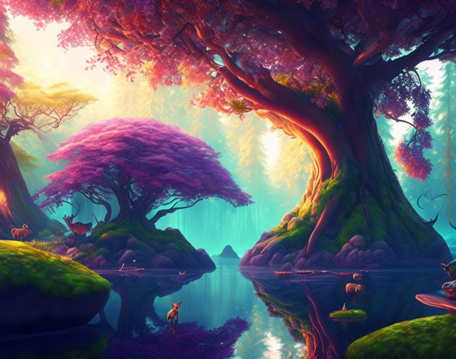 Vibrant pink and purple mystical forest with ancient trees and deer among grassy isles