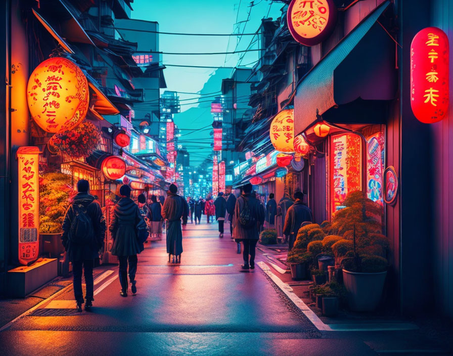 Vibrant street scene at dusk with neon signs and red lanterns