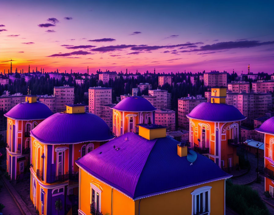 Cityscape with Orange Buildings in Vibrant Sunset