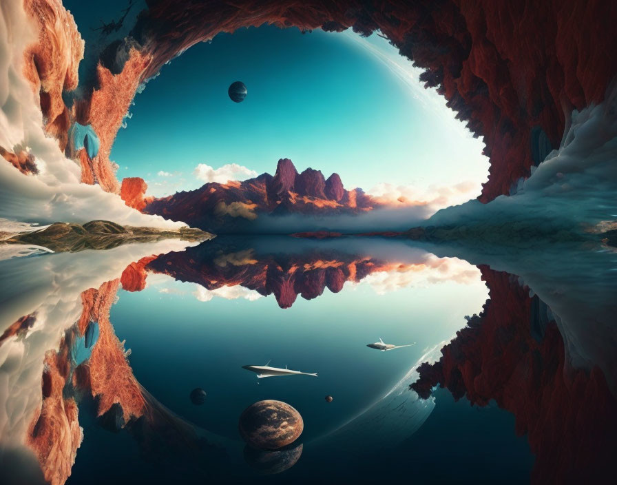 Surreal landscape with rocky arches, planets, and blue-red gradient