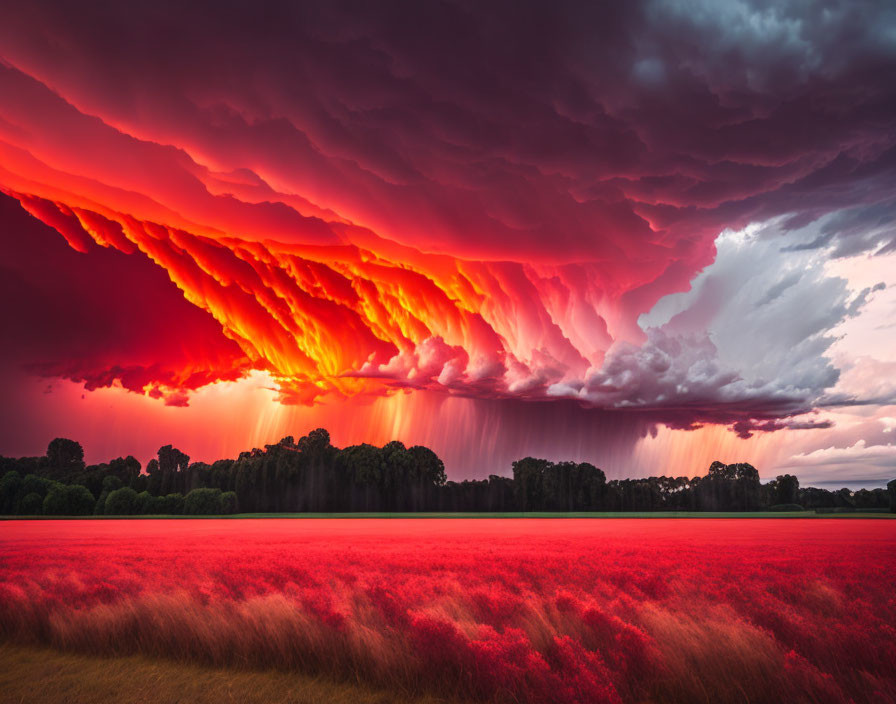 Vibrant red sunset sky over fiery red clouds and field