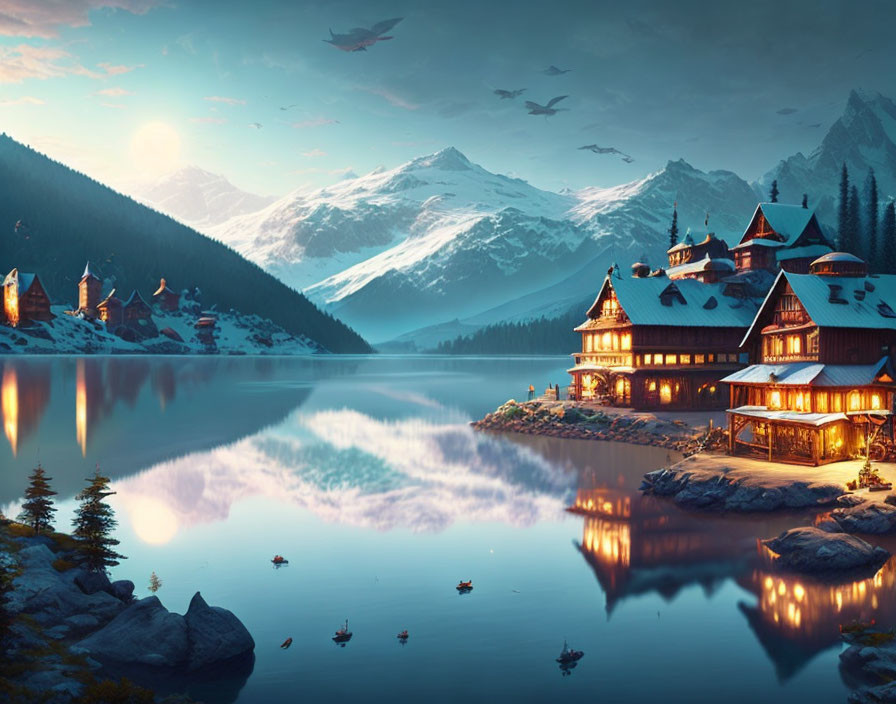 Mountainous Sunrise Scene: Lakeside Chalet, Reflections, Birds