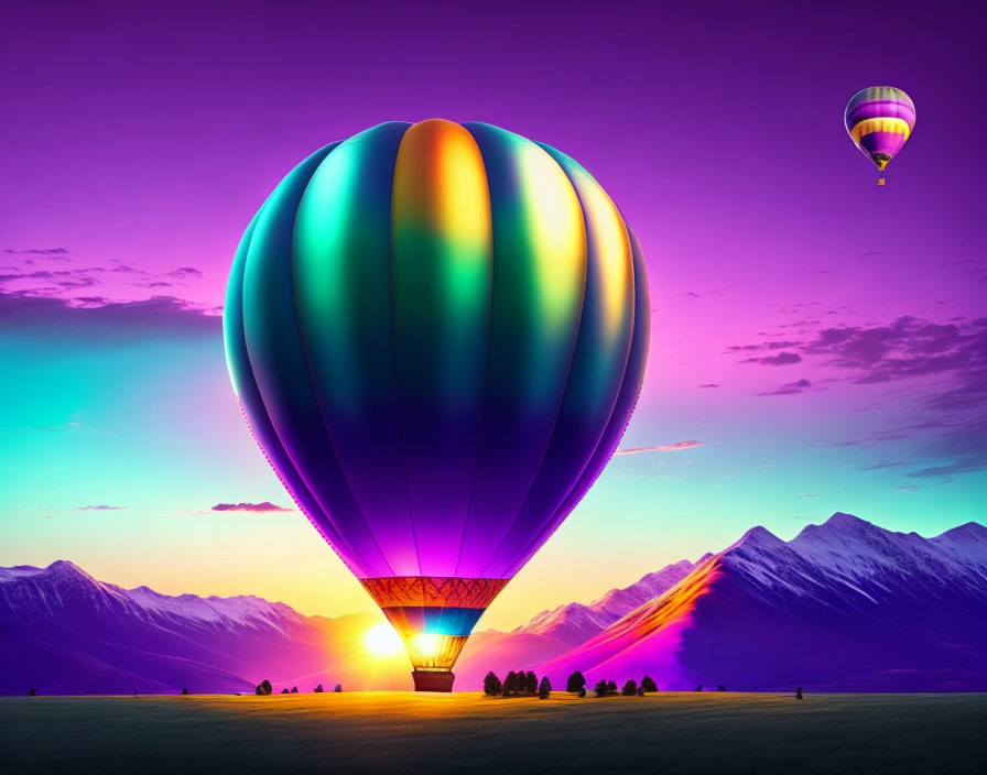 Colorful hot air balloons float over mountain landscape at sunset