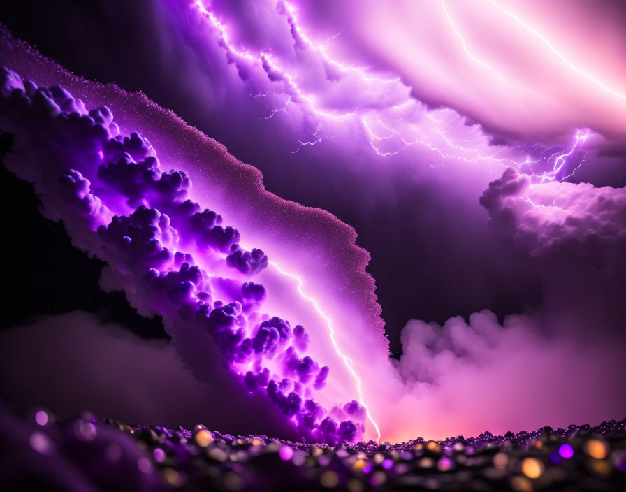 Dramatic purple lightning in storm clouds with raindrops